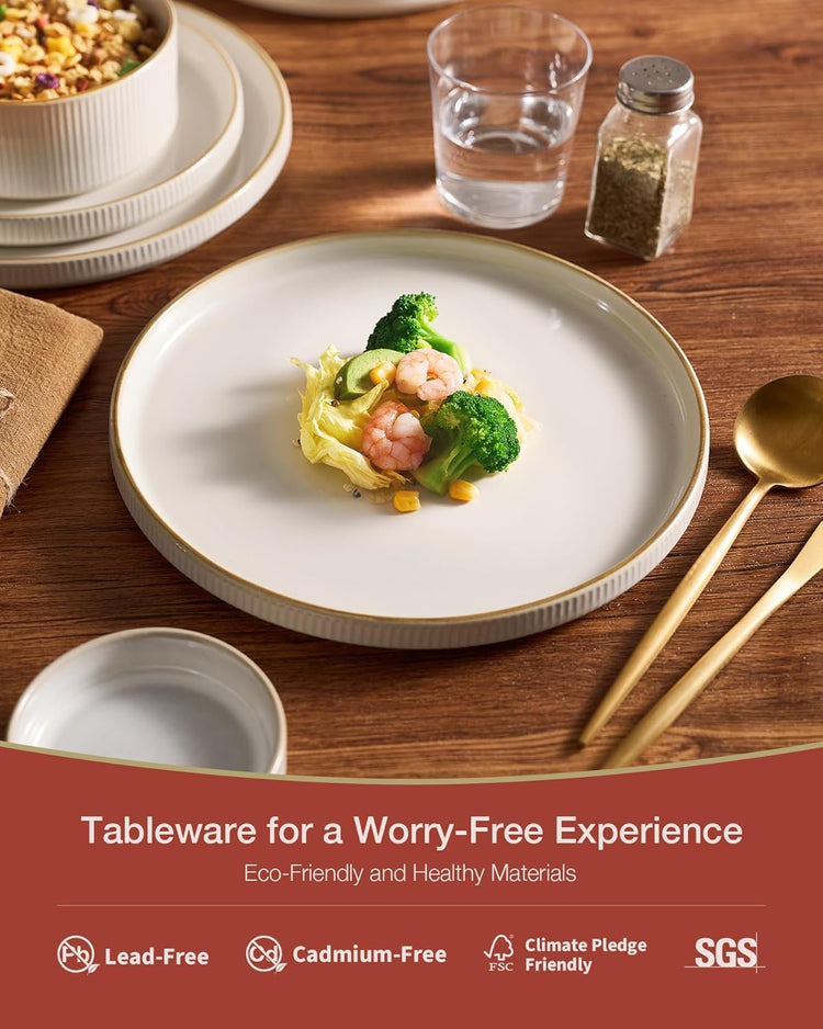 Famiware Star Dinnerware Set, Plates and Bowls Sets for 8 (24pcs), Ribbed Stoneware Dishes - Chip & Scratch Resistant, Microwave & Dishwasher Safe Tableware, Vanilla White