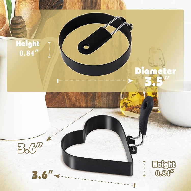 Round+Heart Egg Rings Set with Silicone Handle, Stainless Steel Egg Cooking Rings，Nonstick，For Frying Eggs and Egg Mcmuffins, Egg Mold For Breakfast