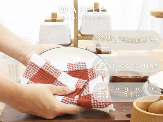 Rust 100% Cotton Waffle Weave Check Plaid Kitchen Towels