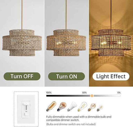 17.7” Boho Rattan Chandelier Light Fixture 4-Light Hand Woven Rustic Chandeliers with Wicker Shade, Farmhouse Chandelier Hanging Light for Dining Room Kitchen Island, Living Room, Foyer