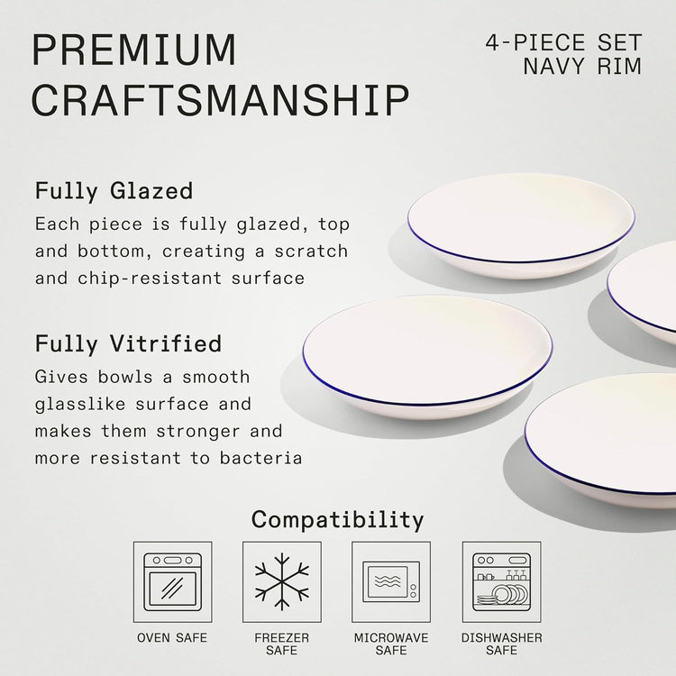 Made In Cookware - Set of 4 - Entrée Bowls - White With Navy Rim - Porcelain - Crafted in England