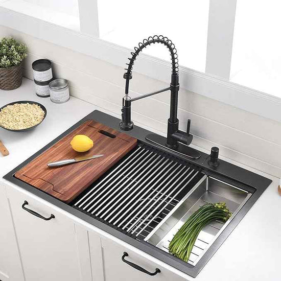 30 Inch Black Drop in Kitchen Sink Workstation -VOKIM 30 x 22 - Inch Drop in sink 16 Gage Stainless Steel TopMount sink Single Bowl 10'' Deep Kitchen Sink with Cutting Board