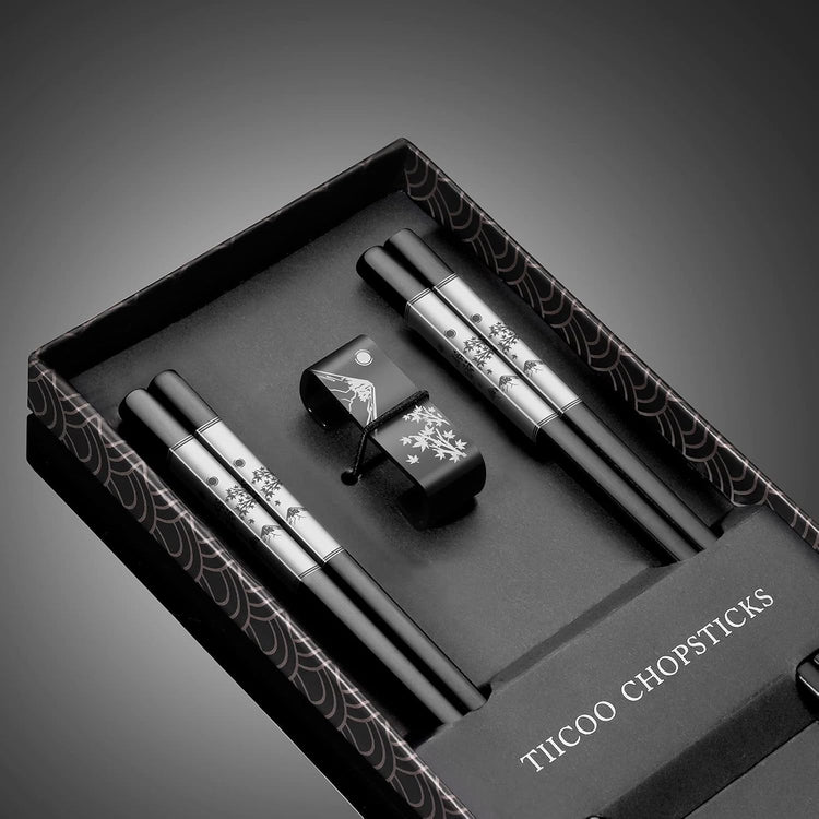 Premium 304 Stainless Steel Chopsticks Set - 2 Pairs Titanium Plated Japanese Style with Laser Engraved Design, Dishwasher Safe, Non-Slip Grip, Elegant Gift Box (Black)