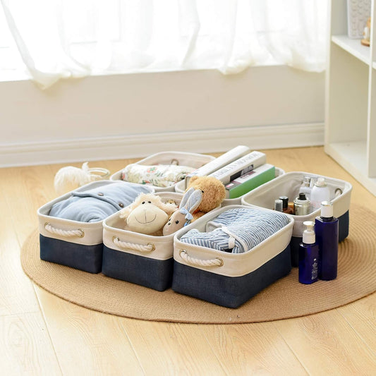 Storage Basket for Organizing - 12x8x5.2 inch Small 6 Pack Fabric Storage Bin Collapsible Baskets for Shelves with Rope, Storage Box for Cloth Decorative Laundry Canvas(White & Blue)