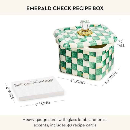 MACKENZIE-CHILDS Enamel Recipe Box, Index Card Box with Lid, Includes 40 Recipe Cards, Green-and-White Emerald Check