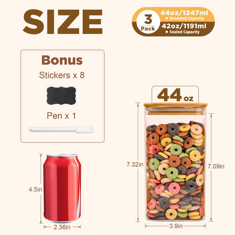 Glass Food Storage Jars Square 44oz (3 Count)