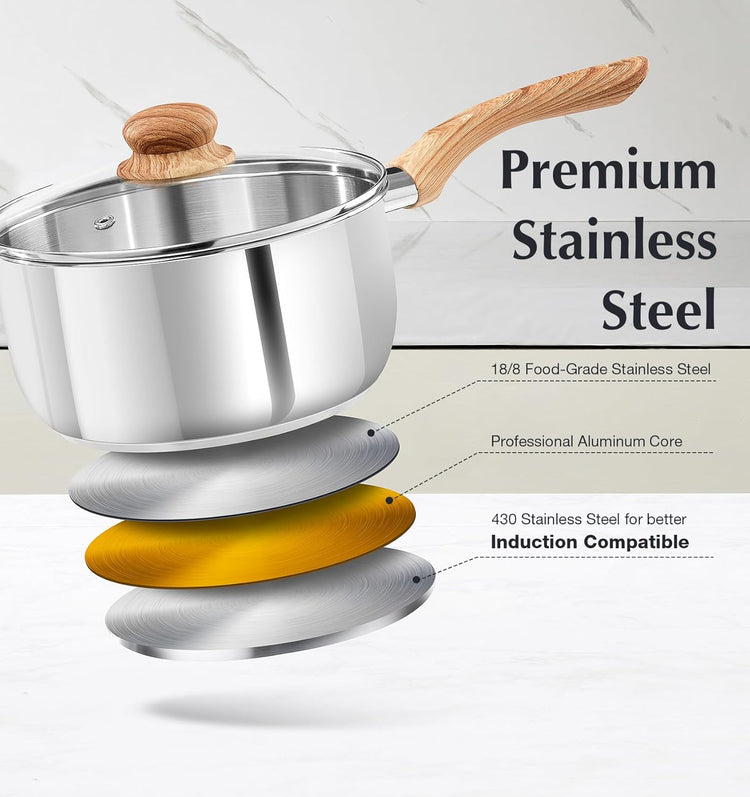 KOCH SYSTEME CS Stainless Steel Saucepan 6PCS, Stainless Steel Pot 1.5QT & 2QT & 3QT with Heat-resistant Bakelite Handle, Tri-ply Base Sauce Pan, Induction Compatible Pots, Pot Set 6 Piece