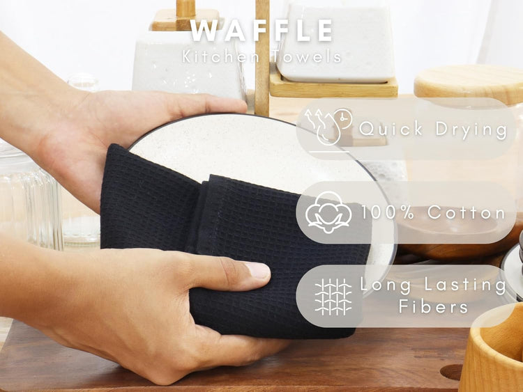 PurpleEssences Waffle Weave Kitchen Towel, 100% Cotton - 15 x 25 Inches, with Hanging Loop Ultra Soft Absorbent Quick Drying Dish Cloth, Tea and Hand Towels, 6 Pack - Spring Summer - Black - Nestoria