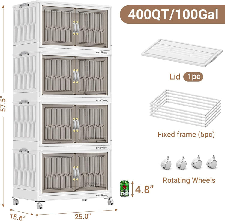 400Qt Stackable Storage Bins with Lid, Extra Large Closet Organizer Collapsible Drawer Boxes with Wheels, Folding Plastic Cabinet Containers for Home Kitchen Room Organization, 4Pack White