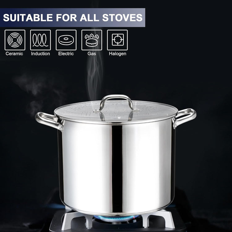 Stainless Steel Large Stock Pot, LIANYU 16 QT Heavy Duty Stockpot with Glass Lid, Deep Classic Soup Pot for Cooking Stewing Simmering, Thick Tri-ply Base & Stay-Cool Handle, Dishwasher Safe Cookware