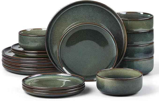 E-far Dinnerware Sets for 6, 18-Piece Stoneware Plates and Bowls Set, Ceramic Dishes Reactive Glaze Dinning Ware, Microwave & Dishwasher Safe - Obsidian Green