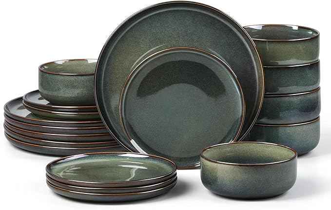 E-far Dinnerware Sets for 6, 18-Piece Stoneware Plates and Bowls Set, Ceramic Dishes Reactive Glaze Dinning Ware, Microwave & Dishwasher Safe - Obsidian Green