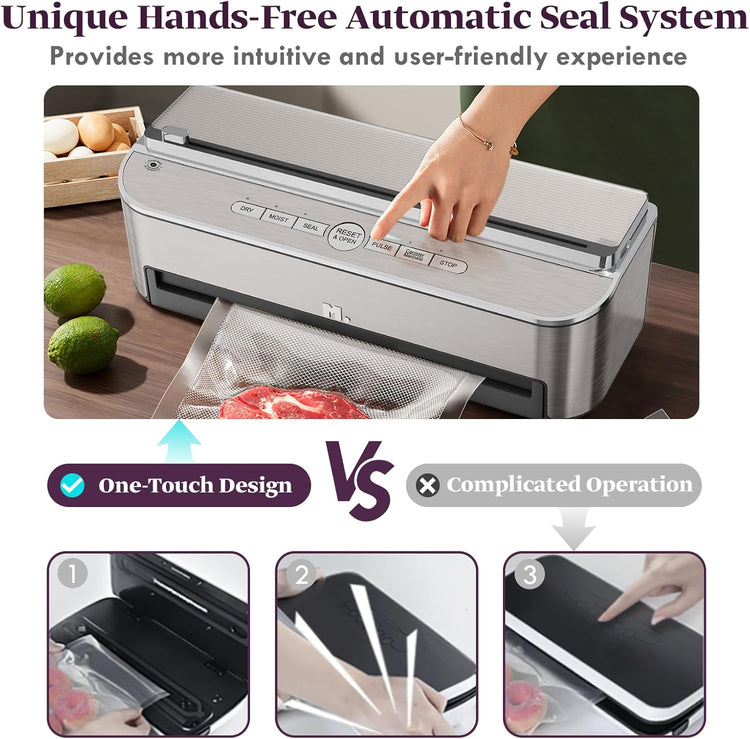 Vacuum Sealer Machine, 85kPa 120W Automatic Food Sealer, Powerful Sealing System, Build-in Cutter | Bags Storage | Moist Mode and Air Suction Hose | 2 Bag Rolls and 5pcs Pre-cut Bags