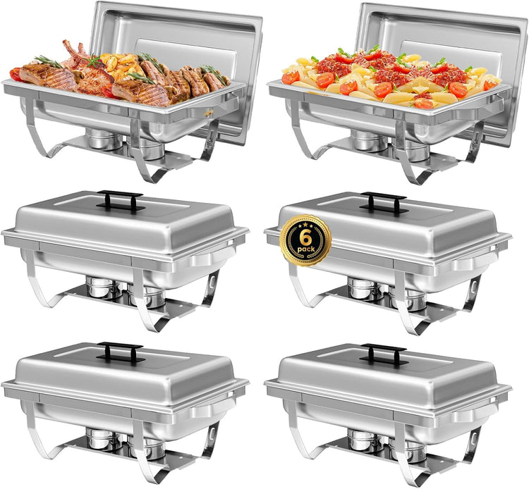6 Pack Chafing Dish Buffet Set, 8QT Stainless Steel Rectangular Chafers and Buffet Warmer Sets for Catering, with Food & Water Pan, Lid, Foldable Frame, Fuel Holder for Event Party Holiday