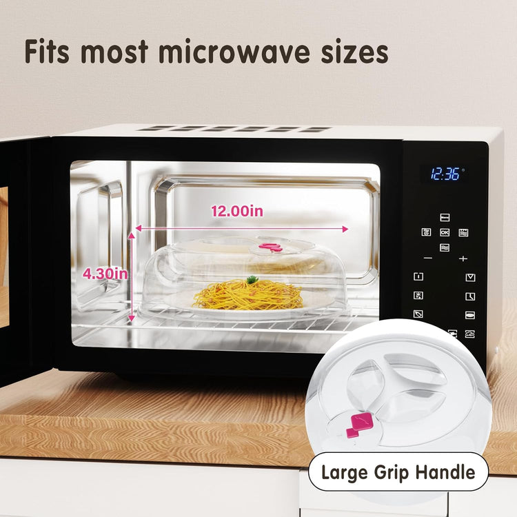 Microwave Splatter Cover 12 Inch Large Plate Cover for Microwave Oven 2 in 1 Food Grade Plastic with Silicone Air Vent Tall Lid BPA Free 2 Pack Clear