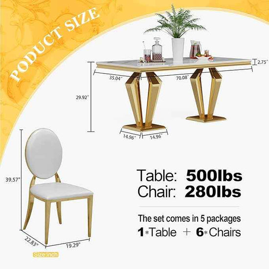AF ARTISAN FURNITURE 7 Piece Luxury Dining Room Set, Modern Dining Table and Upholstered Chairs Set, Marble Kitchen Table Set for 6, Big Kitchen Dinner Tables Kit with Gold Base