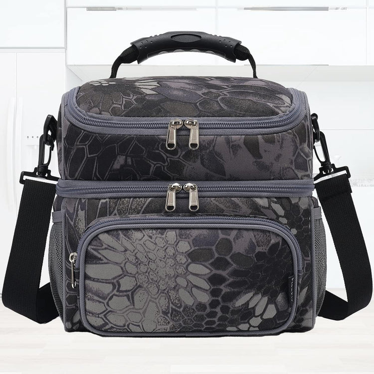 FlowFly Double Layer Cooler Insulated Lunch Bag Adult Lunch Box Large Tote Bag for Men, Women, With Adjustable Strap,Front Pocket and Dual Large Mesh Side Pockets