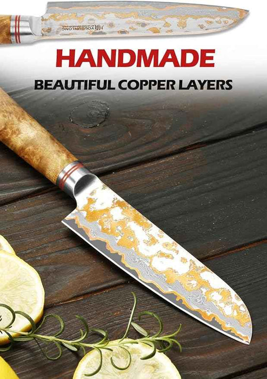 YOUSUNLONG Santoku Knife 5 Inch - Handmade Japanese Chef's Knife Copper Damascus Steel Blade - Ultra Sharp Asian Knife - Natural Walnut Wooden Handle with Acacia Wood Box