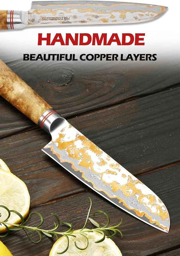 YOUSUNLONG Santoku Knife 5 Inch - Handmade Japanese Chef's Knife Copper Damascus Steel Blade - Ultra Sharp Asian Knife - Natural Walnut Wooden Handle with Acacia Wood Box