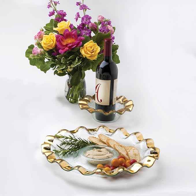 Annieglass Ruffle 14.75 Inch Round Chip and Dip Server with 24k Gold, Timeless Glass Tableware for all Occasions, Made in the USA