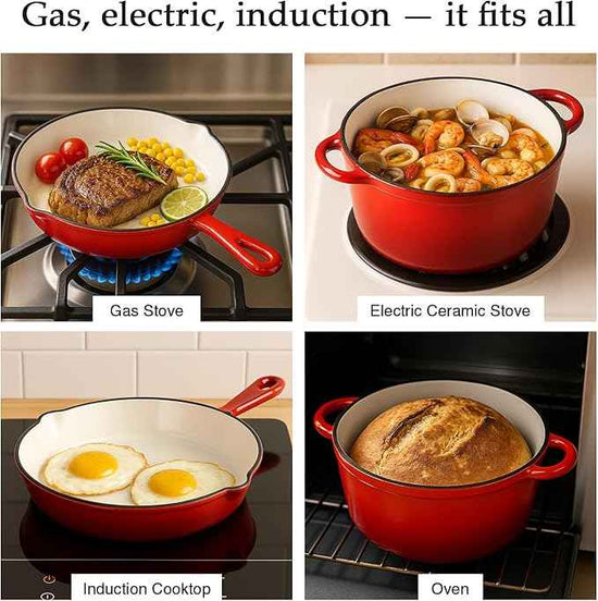 QuliMetal Nonstick Enameled Cast Iron Cookware Set, 4-Piece Pots and Pans Set with Lids, Dutch Oven for Sourdough Bread Baking, Oven Safe up to 500°F, Compatible with All Stovetops