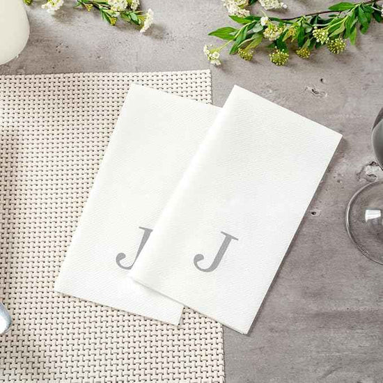 Luxenap 15.8 X 7.9 Inch Linen-Feel Guest Towels, 50 Lettered Hand Towels - Silver Letter 'J', Sans Serif Font, White Paper Dinner Napkins, airlaid, For Restrooms And Tables - Restaurantware
