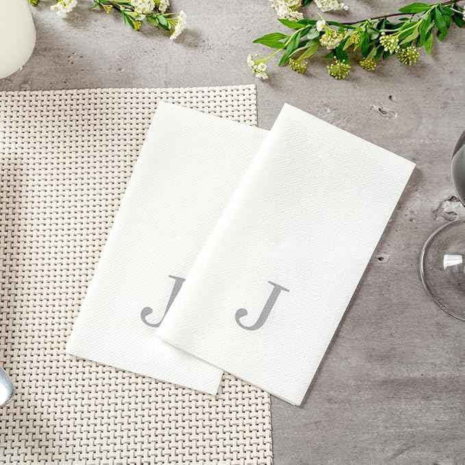 Luxenap 15.8 X 7.9 Inch Linen-Feel Guest Towels, 50 Lettered Hand Towels - Silver Letter 'J', Sans Serif Font, White Paper Dinner Napkins, airlaid, For Restrooms And Tables - Restaurantware