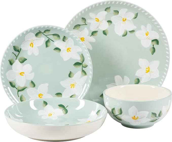 Bloomhouse Magnolia Bloom 16 Piece Double Bowl Hand Painted Stoneware Plates and Bowls Floral Dinnerware Set