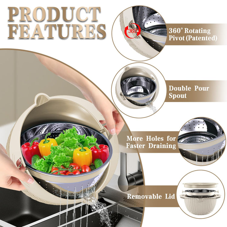 4-in-1 Colander with Bowl Set — Patented 360° Rotatable Strainer Bowl with 3 Graters, Snap-On Lid & Non-Slip Base, Funny Kitchen Present for Women, Aesthetic Pasta Fruit Vegetable Strainer (Beige)