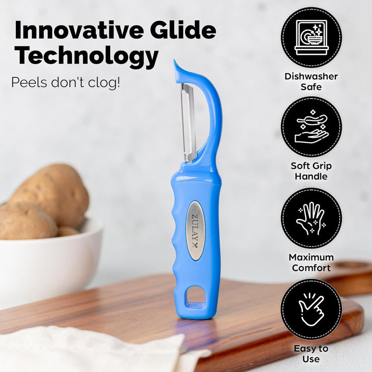 Zulay Kitchen Premium Vegetable Peeler for Kitchen - Swivel Peeler with Razor Sharp Stainless Steel Blades & Strong Ergonomic Handle - Dishwasher Safe, Easy To Use with Blemish Remover - Blue