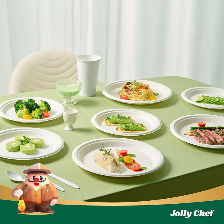 JOLLY CHEF Compostable Heavy Duty Plates 9 Inch [300 Pack] Eco-Friendly Disposable Natural Paper Plates Bagasse Biodegradable Bulk for Party Dinner Sugarcane Fibers Round 300 Count(White)