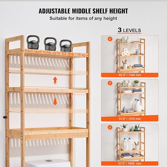 VEVOR Over The Toilet Storage, 3-Tier Adjustable Over Toilet Bathroom Organizer, Bamboo Storage Shelf Rack with 3 Hooks, Freestanding Easy Assembly Laundry Space Saver, Fit Most Toilets, Gray