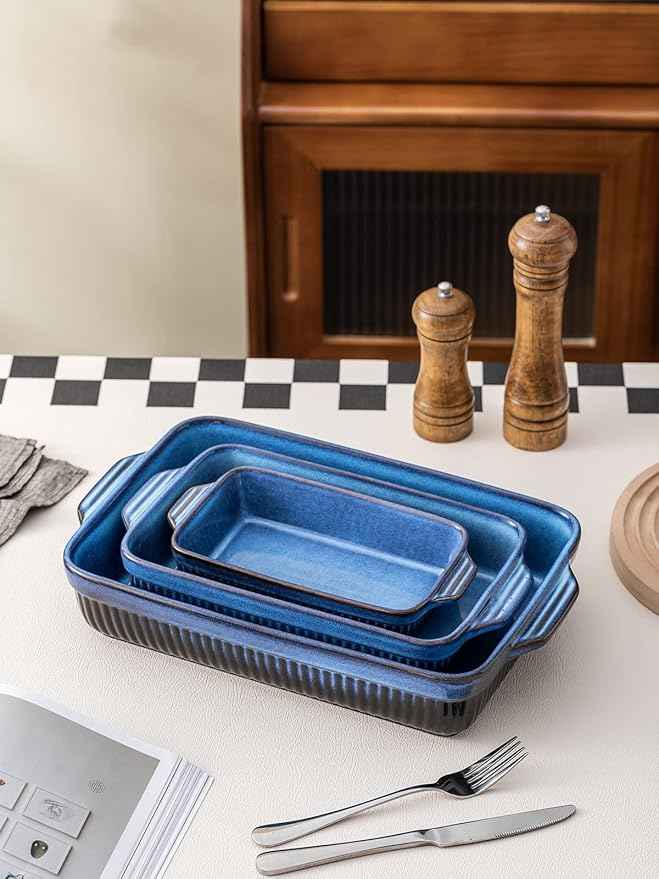 Kanwone Ceramic Baking Dishes, Rectangular Lasagna Pans, Casserole Dishes, Bakeware Set for Cooking, Kitchen, Cake Dinner, 9 x 13 Inches, Stripe Series - Reactive Glazed (Bright Blue)