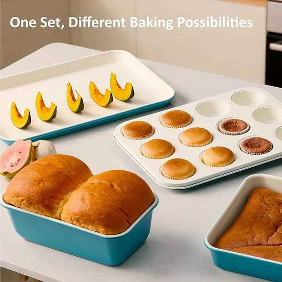 CAROTE 6-Piece Nonstick Ceramic Baking Pans Set - Bakeware Sets Including Cookie Sheets for Baking, Muffin Pan, Bread Pan, Cake pan, Loaf Pan, Cooling Rack, Light Blue & Cream White