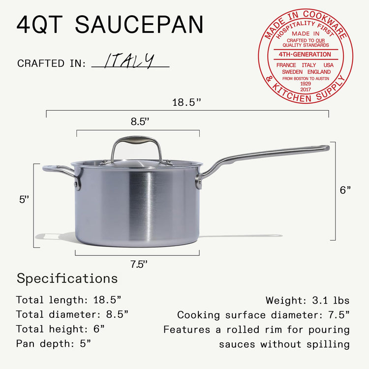 Cookware 4 Quart Stainless Steel Saucepan with Lid