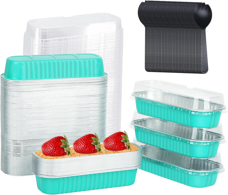 LNYZQUS Mini Loaf Baking Pans with Lids 100 Pack, 6.8oz Rectangle Mini Cake Tins Baking Cups,Disposable Aluminum Foil Baking Pan Muffin Tins Containers -Cyan Blue