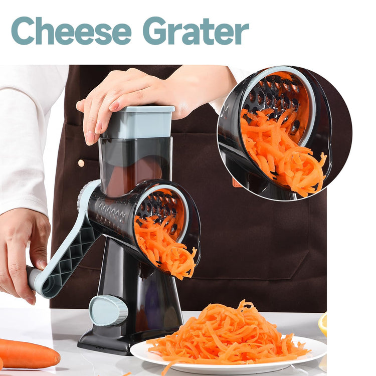 Rotary Cheese Grater with Handle Kitchen Shredder Slicer Grater Slicer Ice Shaver Cheese Vegetable Nuts Potato Zucchini Chocolate 3 Interchangeable Blades