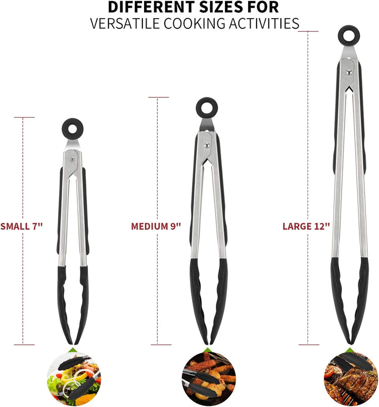 Kitchen Tongs, U-Taste 7/9/12 inches Cooking Tongs, with 600ºF High Heat-Resistant Non-Stick Silicone Tips, 18/8 Stainless Steel Handle, for Food Grill, Salad, BBQ, Frying, Serving, Pack of 3(Black)