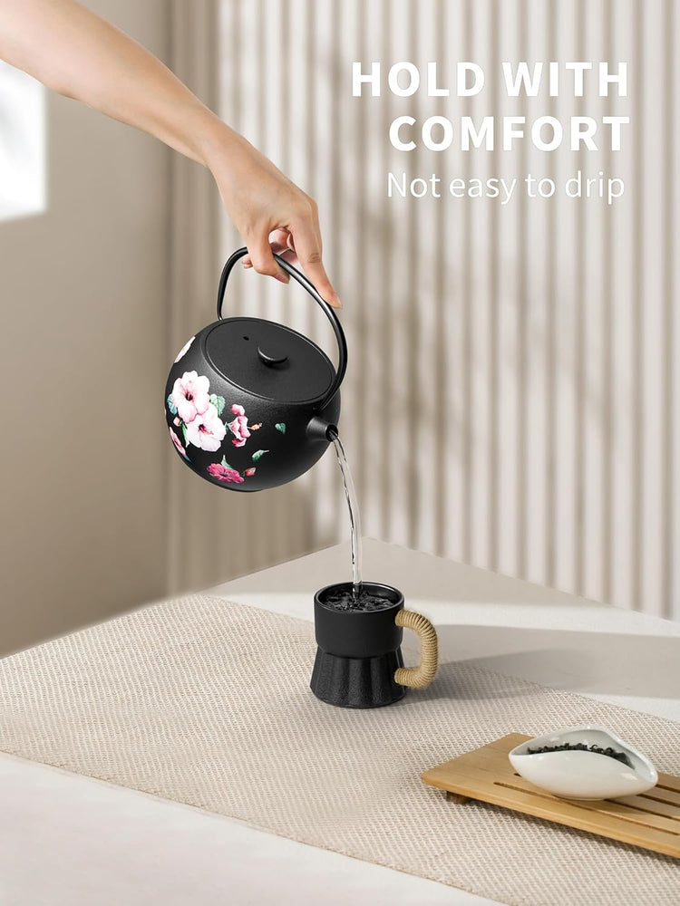 Toptier Teapot with Removable Infuser, Cast Iron Tea Kettle Stovetop Safe, Solid Geometry Ball Design Tea Pot Coated with Enameled Interior for 32 Ounce (950 ml), Morning Glory