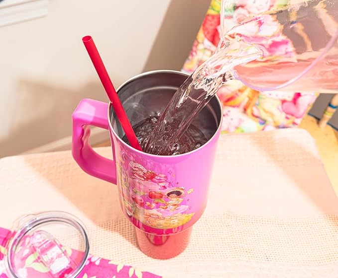 Silver Buffalo Care Bears and Strawberry Shortcake Ombre Double Walled Stainless Steel Tumbler with Handle, Fits in Standard Cup Holder, 40 Ounces