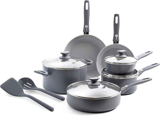 GreenPan Dover Healthy Ceramic Nonstick, 12 Piece Cookware Pots and Pans Set, PFAS-Free, Dishwasher Safe, Comfort Grip Handle, Gray