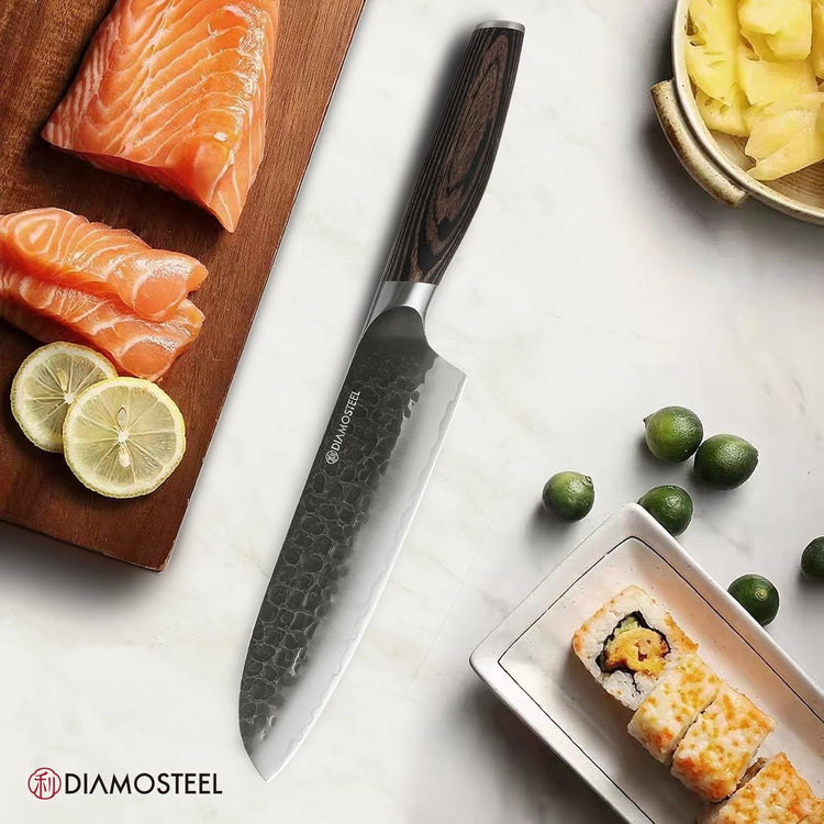 Santoku Knife - 7-Inch Professional Kitchen Knife - Hammered Black Oxide Blade Japanese 9CR18MOV High Carbon Stainless Steel Sharp Chef Knife - Ergonomic Pakkawood Handle with Present Box