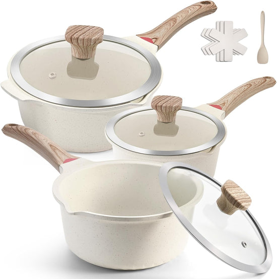 VINCHEF Sauce Pan Set with Lid 10PCS, 3 White Non Stick Cooking Pots Induction pot sets, Saucepan Set with Silicone Tools and Pot Protectors, PFAS and PFOA Free (2QT+3QT+4QT) - Nestoria