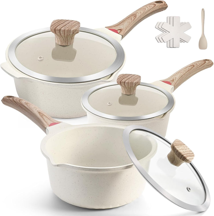 VINCHEF Sauce Pan Set with Lid 10PCS, 3 White Non Stick Cooking Pots Induction pot sets, Saucepan Set with Silicone Tools and Pot Protectors, PFAS and PFOA Free (2QT+3QT+4QT) - Nestoria