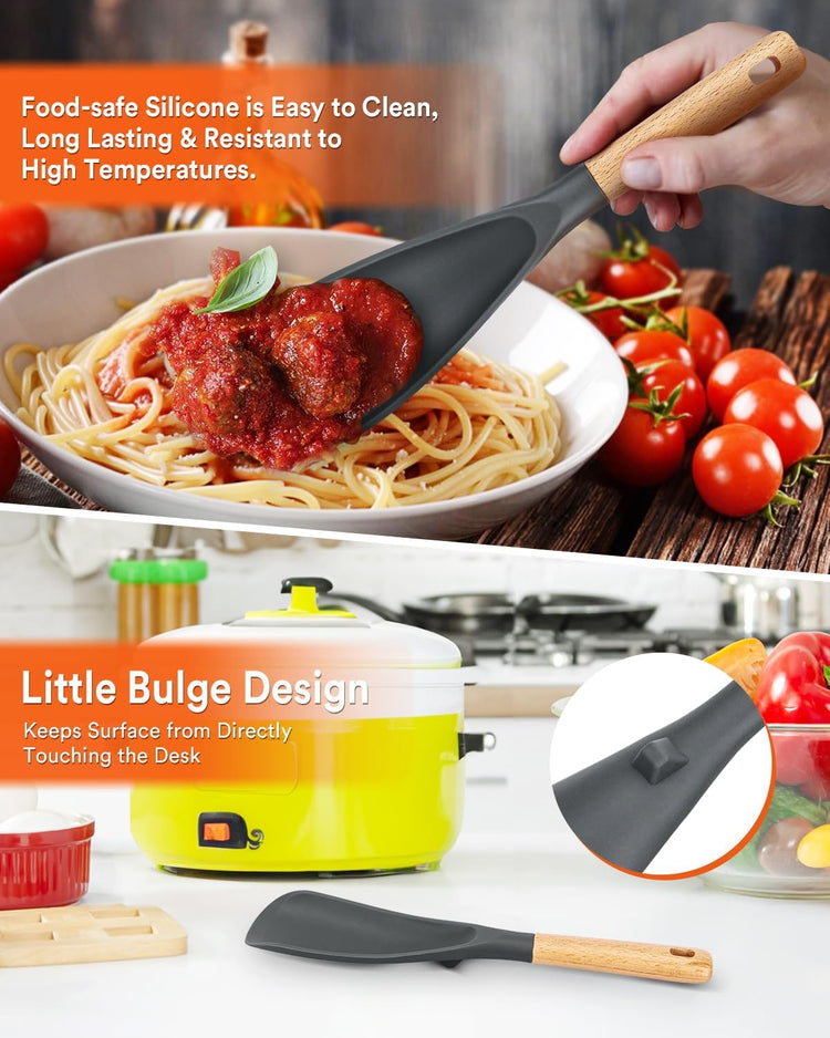 Cooking Spoon and Rice Scooper for Nonstick Cookwares, Great for Cooking and Serving Sturdy BPA-Free Matte Silicone, Wood Handle Spoon for Mixing, Scoop, and Scrape (GREY) - Nestoria