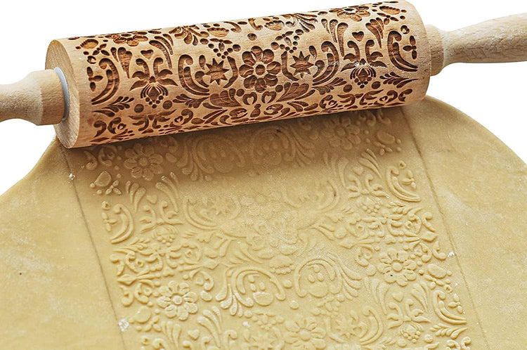 Christmas Wooden Rolling Pin for Baking Engraved Embossing Rolling Pin Cookie Stamps Roller Square Grid Cookies Mold Kitchen Decor Tools for Baking Embossed Cookies