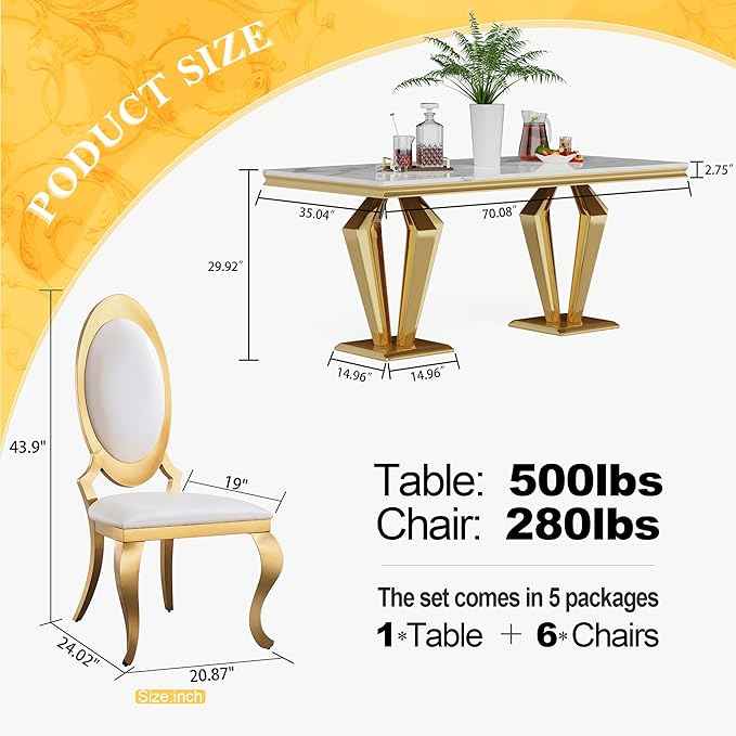 AF ARTISAN FURNITURE 7 Piece Luxury Dining Room Set, Modern Dining Table and Upholstered Chairs Set, Marble Kitchen Table Set for 6, Big Kitchen Dinner Tables Kit with Gold Base