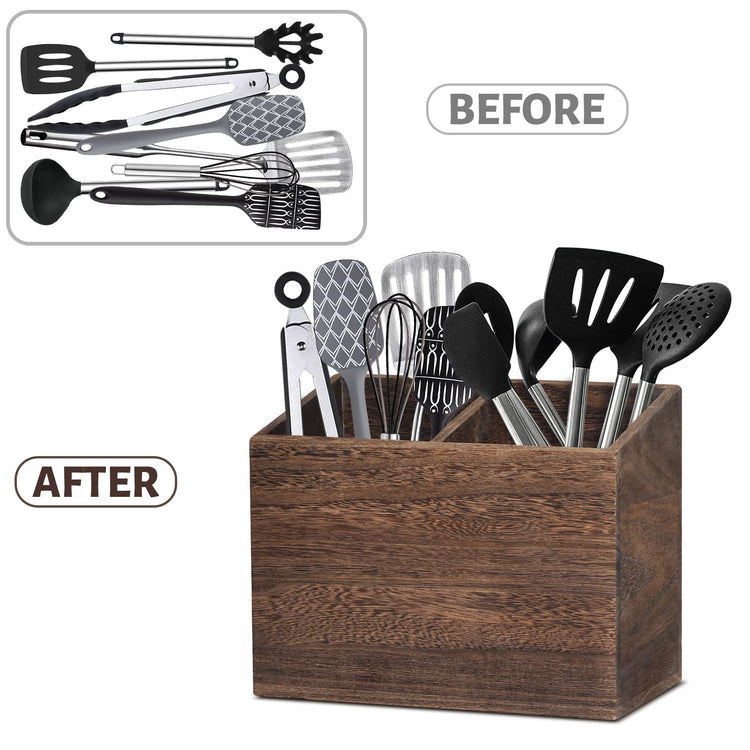 Wooden Kitchen Utensil Caddy With 2 Compartments