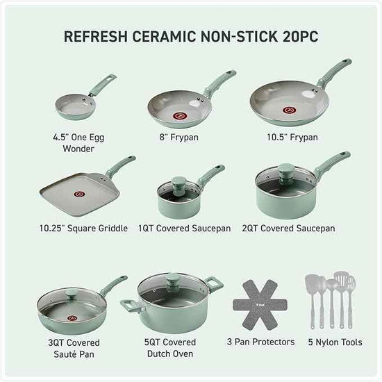 T-Fal Refresh Ceramic Nonstick Cookware Set, 20-Piece, Oven Safe to 350°F, Stockpot, Ceramic Pots and Pans Set, Frying Pans, Griddle, Utensils, Mint Green