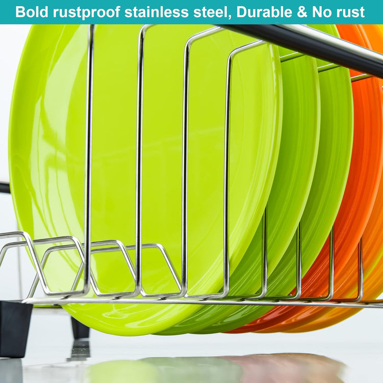 iPEGTOP Expandable Multifunctional Dish Drying Rack, Over The Sink, in Sink Or On Counter Dish Drainer Rack Organizer Shelf with White Utensil Silverware Holder, Rustproof Stainless Steel